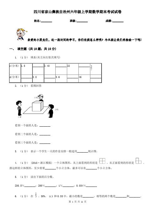 四川省凉山彝族自治州六年级上学期数学期末考试试卷