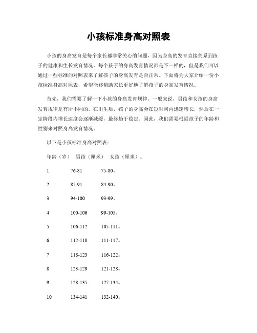 小孩标准身高对照表