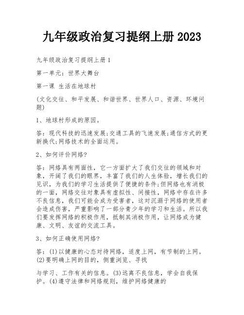 九年级政治复习提纲上册2023