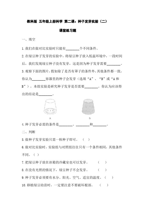 教科版 五年级上册科学 第二课：种子发芽实验(二)课堂练习