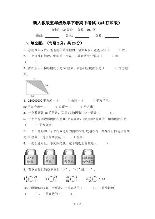 新人教版五年级数学下册期中考试(A4打印版)