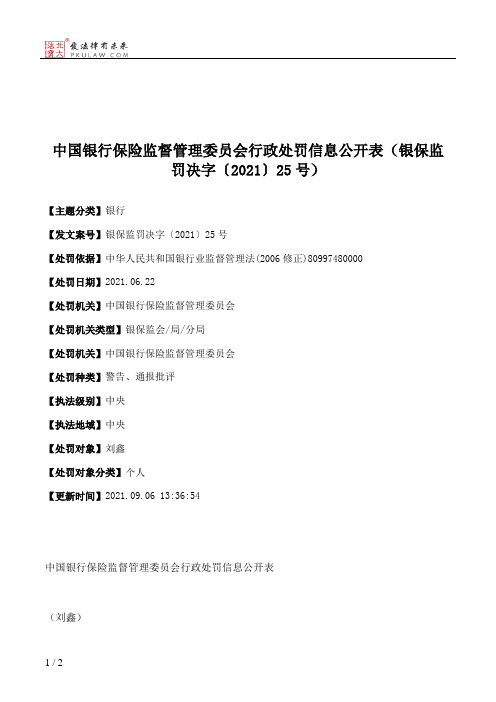 中国银行保险监督管理委员会行政处罚信息公开表（银保监罚决字〔2021〕25号）