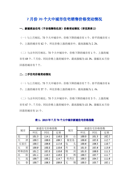7月份70个大中城市住宅销售价格变动情况