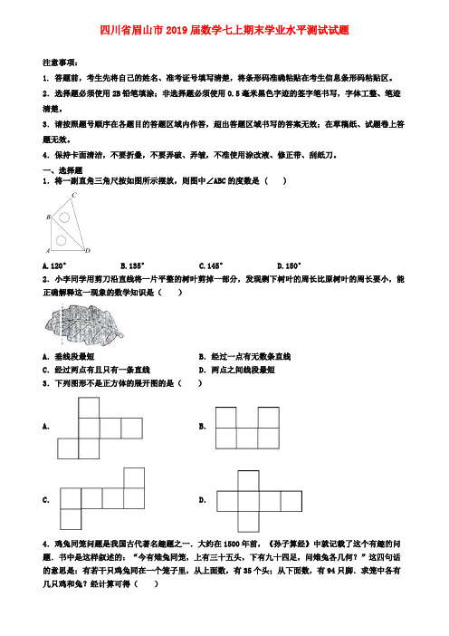 四川省眉山市2019届数学七上期末学业水平测试试题