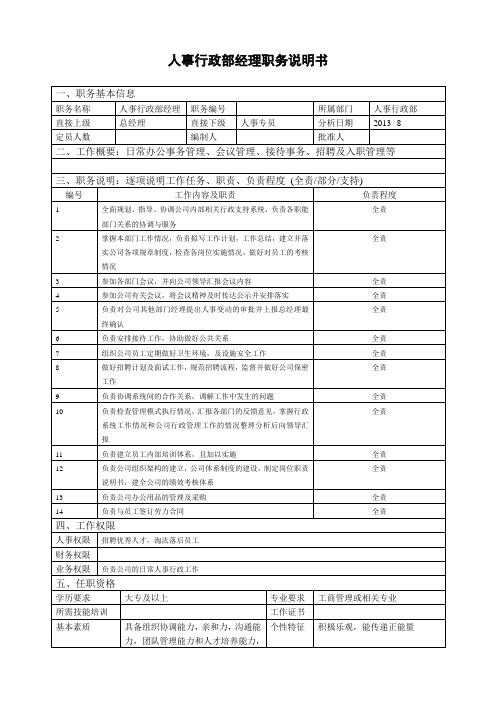 人事行政部经理职务说明书