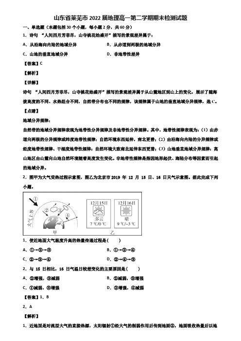 山东省莱芜市2022届地理高一第二学期期末检测试题含解析