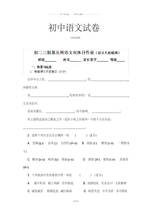 山东省泰山博文中学九年级语文双休日试题：第五周