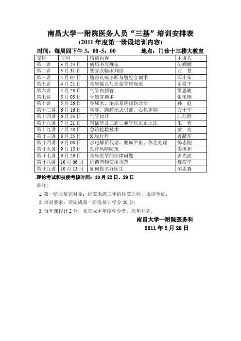 南昌大学一附院医务人员三基培训安排表