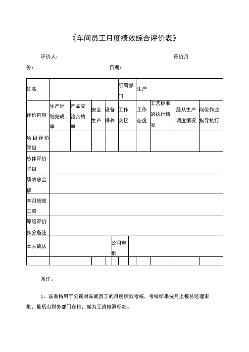 生产部员工月度绩效评价表