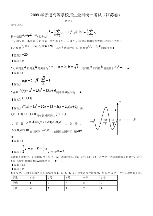 2009~2011年江苏高考数学试卷及答案