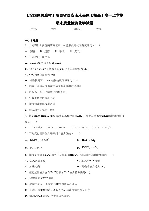 高一上学期期末质量检测化学试题(答案解析)