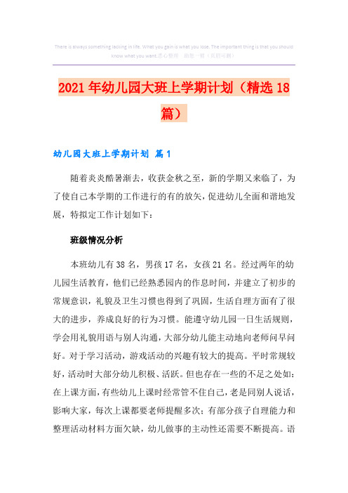 2021年幼儿园大班上学期计划(精选18篇)