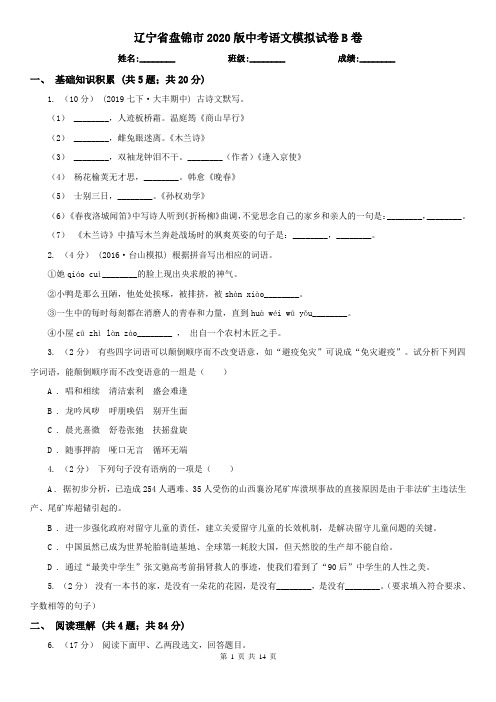 辽宁省盘锦市2020版中考语文模拟试卷B卷