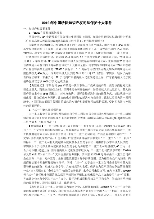 2012年中国法院知识产权司法保护十大案件