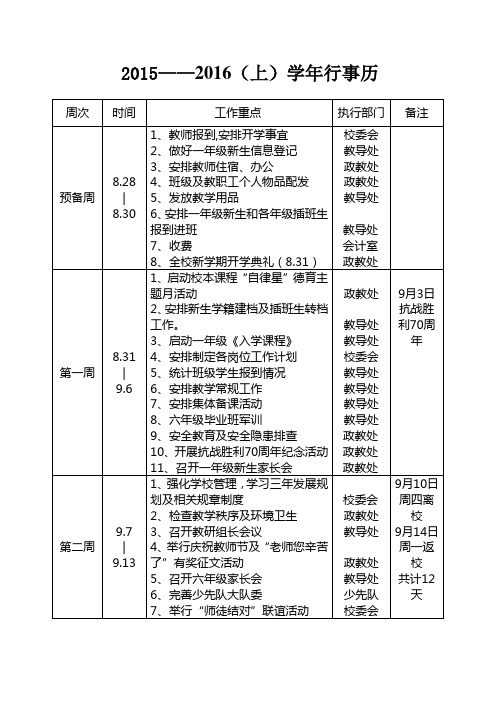 2015—2016学年(上)学校行事历