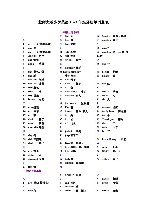 北师大版小学英语1～3年级分册单词总表