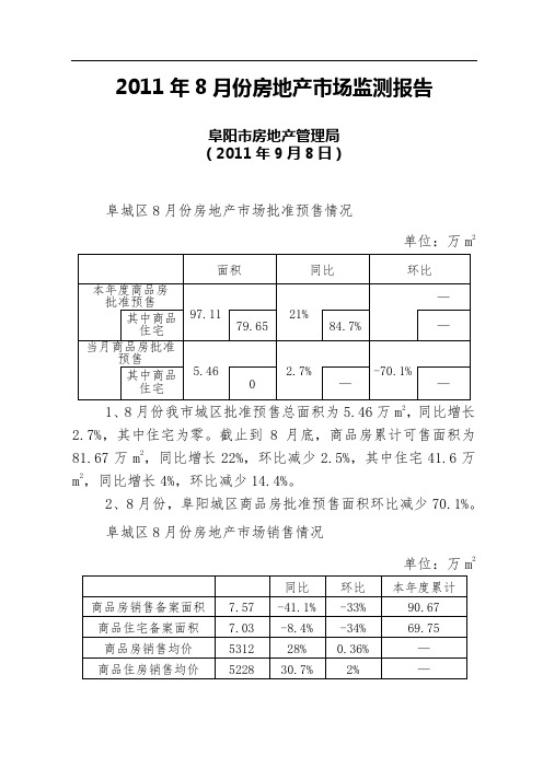 阜阳市房地产管理局2011年8月份房地产市场监测报告