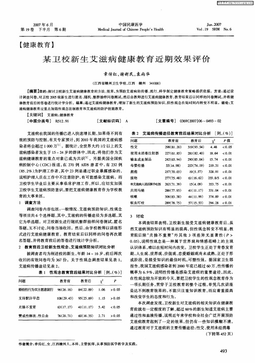 某卫校新生艾滋病健康教育近期效果评价