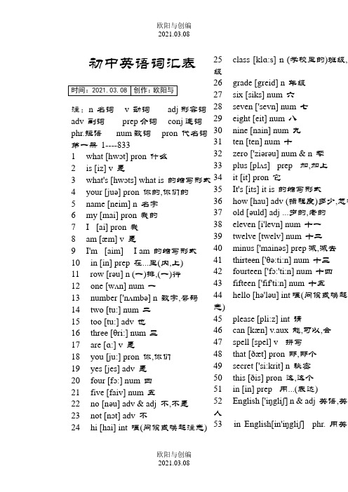 初中英语单词大全(带音标)之欧阳与创编