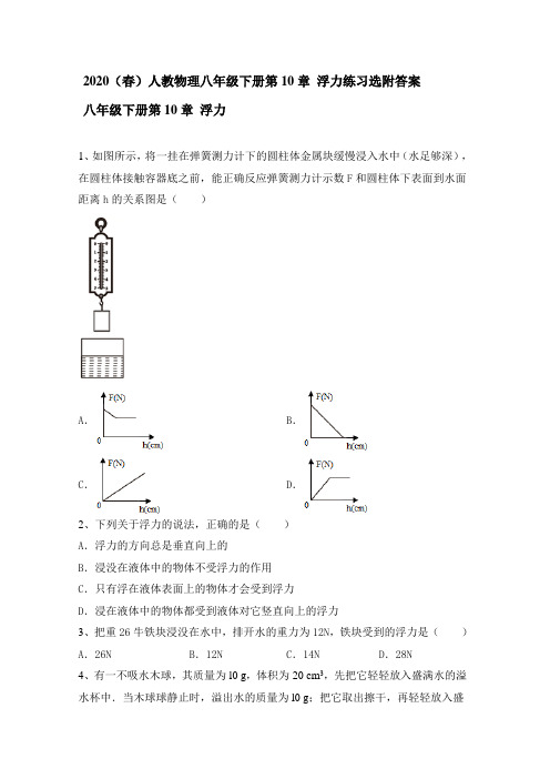 2020(春)人教物理八年级下册第10章 浮力练习题选附答案