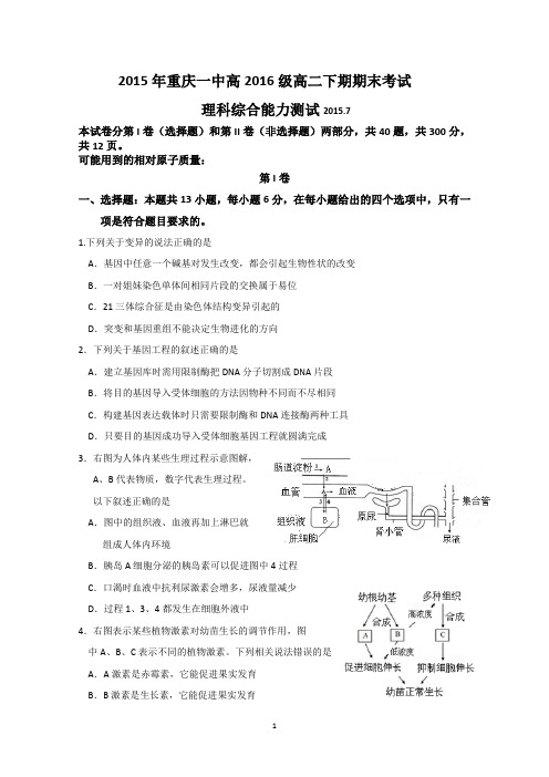 重庆市第一中学2014-2015学年高二下学期期末考试生物试题 Word版含答案