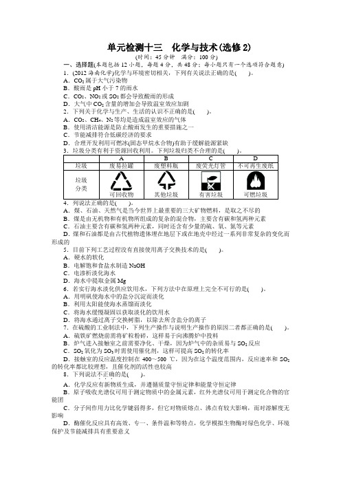 一轮复习化学鲁科选修2化学与技术单元检测(附答案)