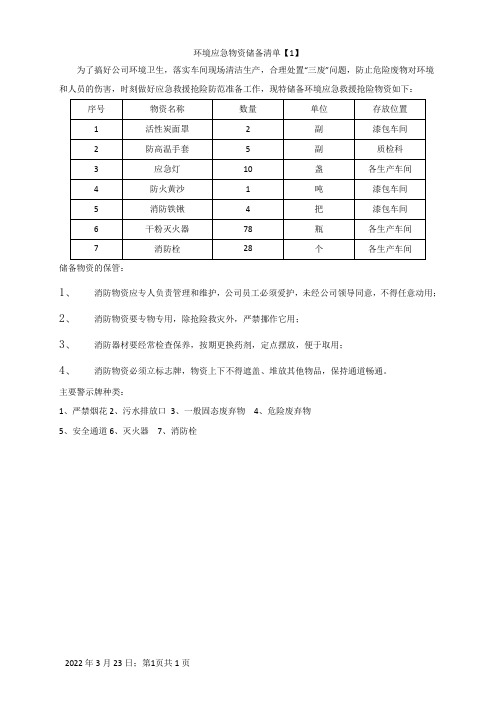 环境应急物资储备清单