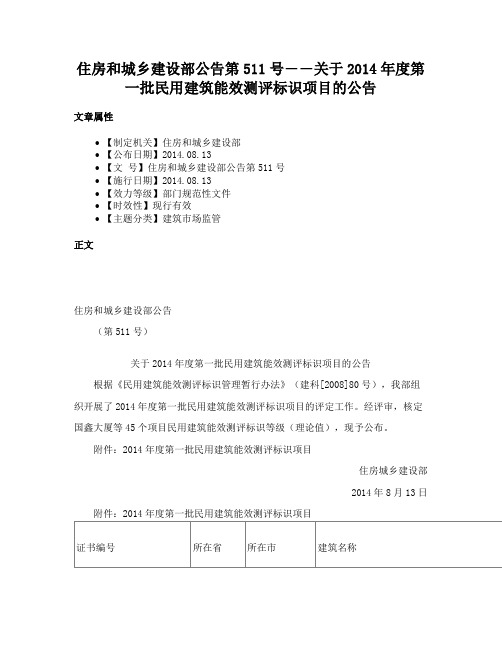 住房和城乡建设部公告第511号――关于2014年度第一批民用建筑能效测评标识项目的公告