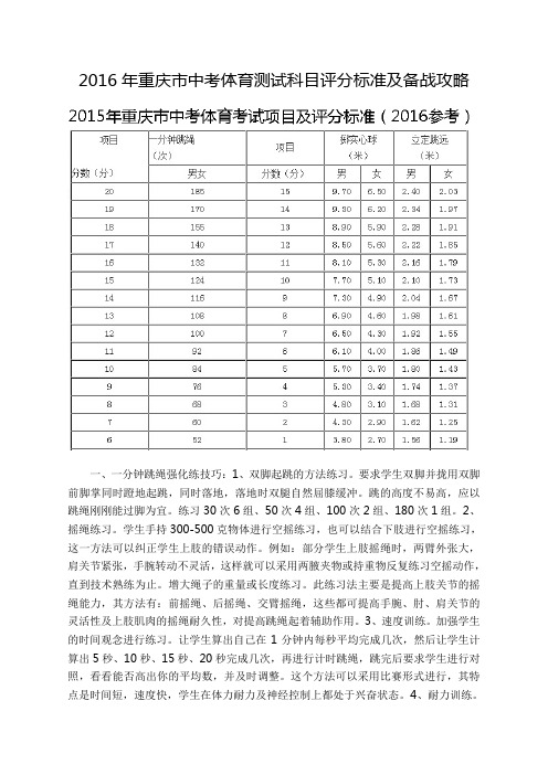 2016年重庆市中考体育测试科目评分标准及备战攻略