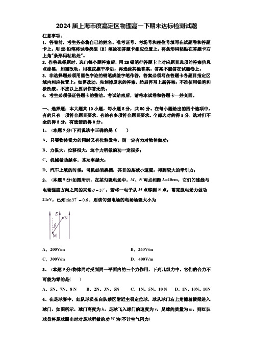 2024届上海市嘉定区物理高一下期末达标检测试题含解析