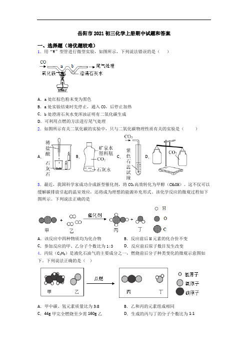 岳阳市2021初三初三化学上册期中试题和答案
