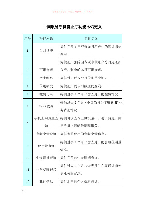 中国联通手机营业厅功能术语定义