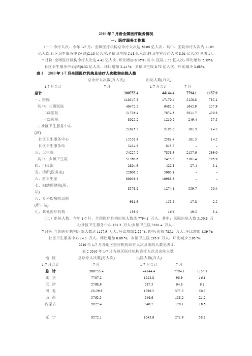 2010年7月份全国医疗服务情况