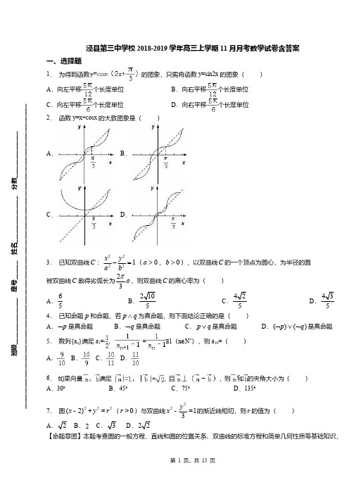 泾县第三中学校2018-2019学年高三上学期11月月考数学试卷含答案