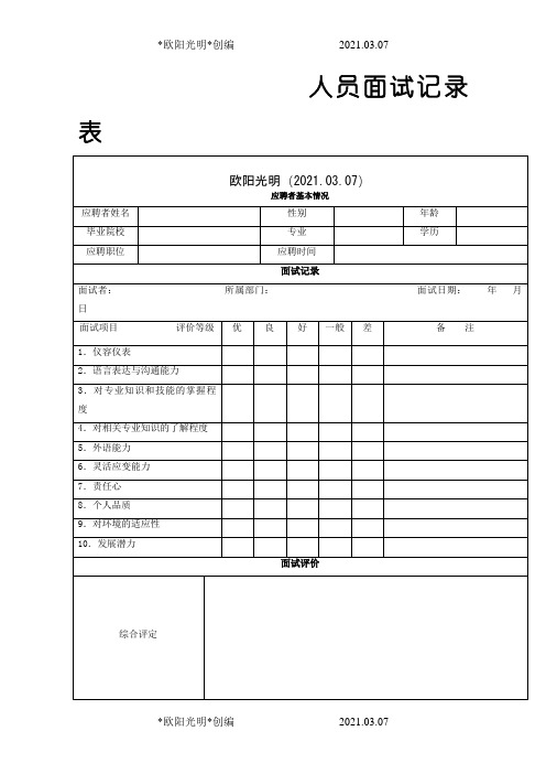 2021年人员面试记录表