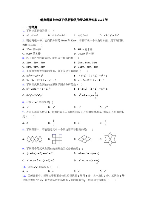 新苏科版七年级下学期数学月考试卷及答案word版