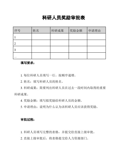 科研人员奖励审批表