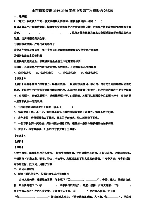 山东省泰安市2019-2020学年中考第二次模拟语文试题含解析