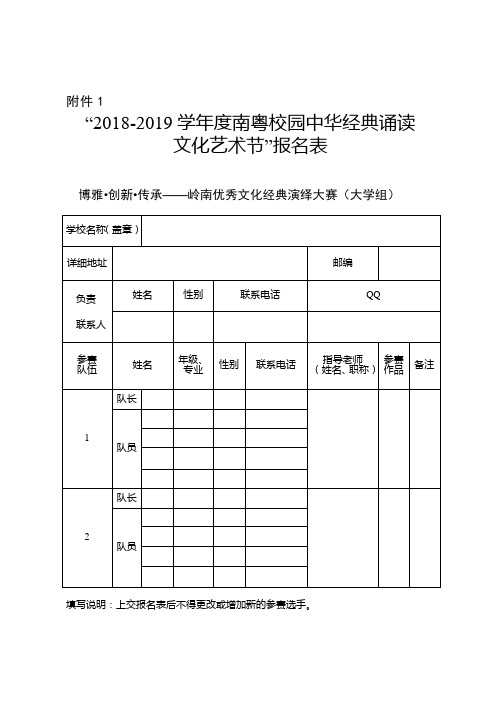 “2018-2019学年度南粤校园中华经典诵读文化艺术节”报名表