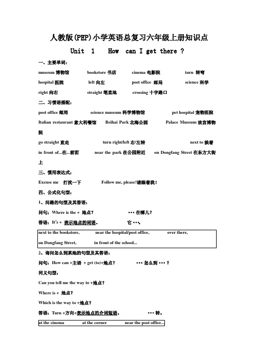 最新人教版(PEP)小学英语六年级上册复习资料