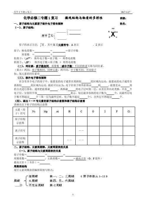 苏教版高一化学必修二专题一复习