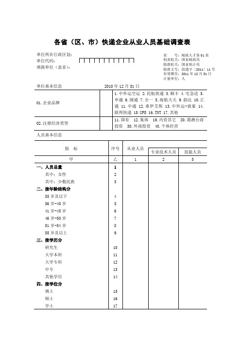 各省(区、市)快递企业从业人员基础调查表格