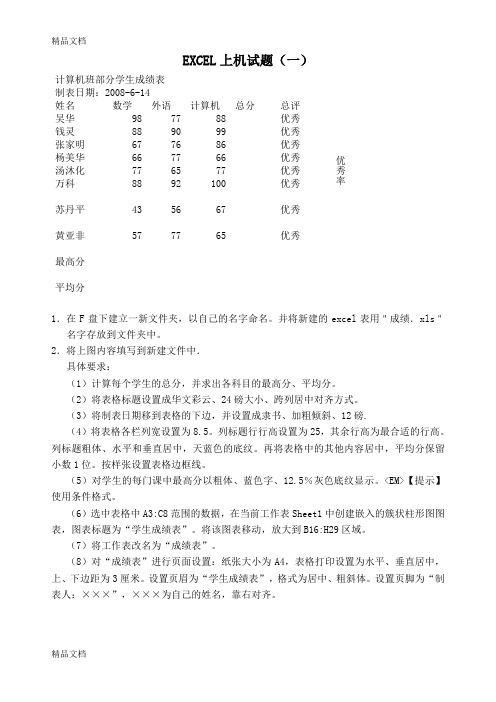 最新EXCEL上机试题(成绩表各种处理-涵盖excel大部分功能的操作)