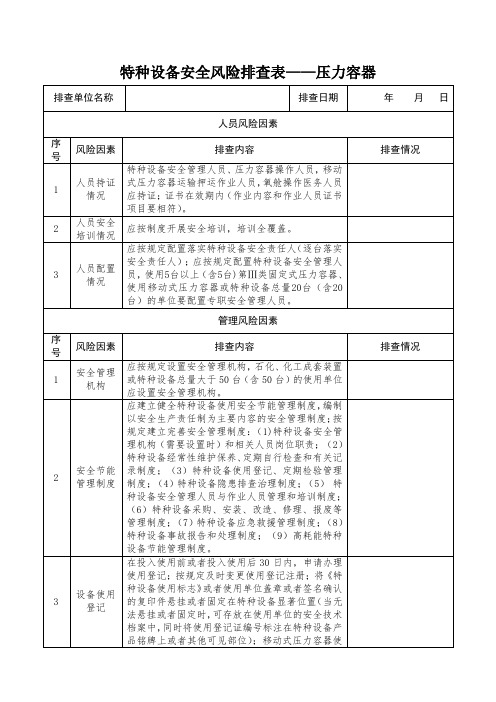 特种设备安全风险排查表——压力容器