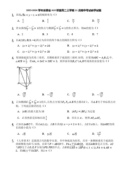 2023-2024学年安徽省A10联盟高二上学期11月期中考试数学试题