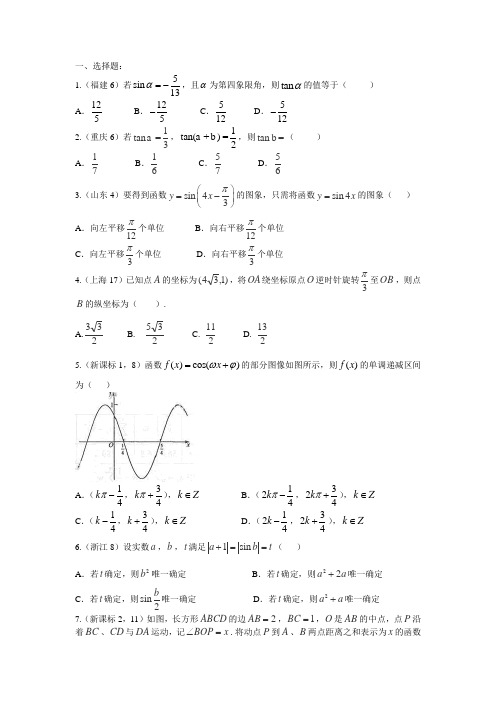 2015年全国高考数学试题分类汇编4三角函数(文)