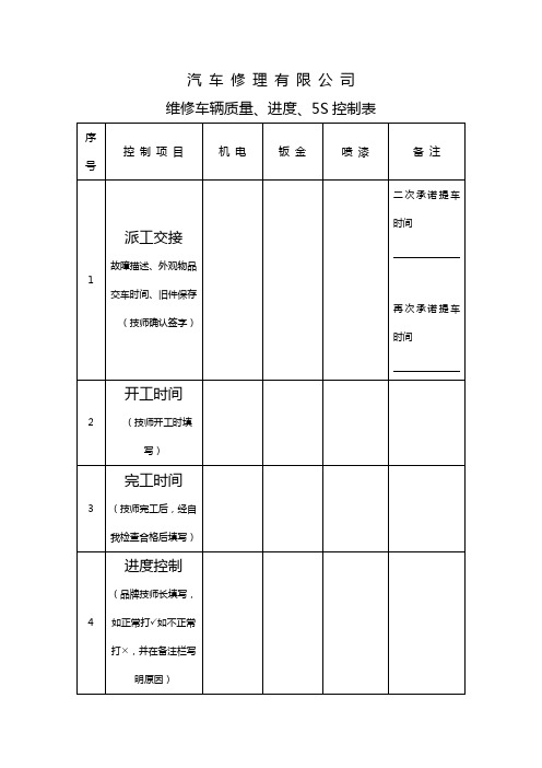 汽车修理有限公司维修车辆质量进度5S控制表