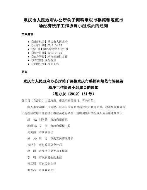 重庆市人民政府办公厅关于调整重庆市整顿和规范市场经济秩序工作协调小组成员的通知