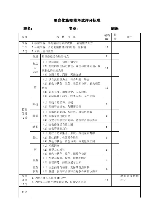 美容化妆技能考试评分标准