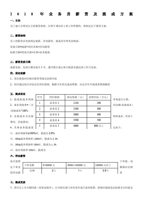 2018年业务员薪资及提成方案